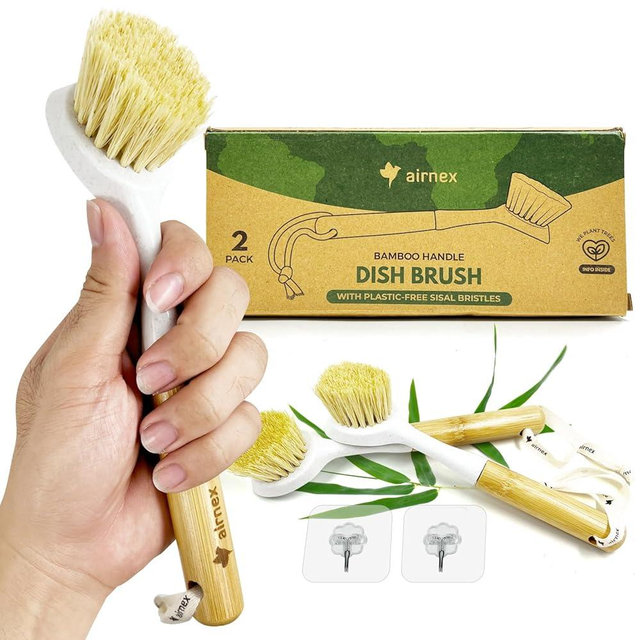 AIRNEX Bamboo Dish Scrubber Brush Set of 2-100% Plastic-Free Kitchen Brushes for Dishes Made from Wheat Straw with Sisal Bristles - Non Scratch, Odor Free Wood Scrub for Pots, Pans and Vegetables