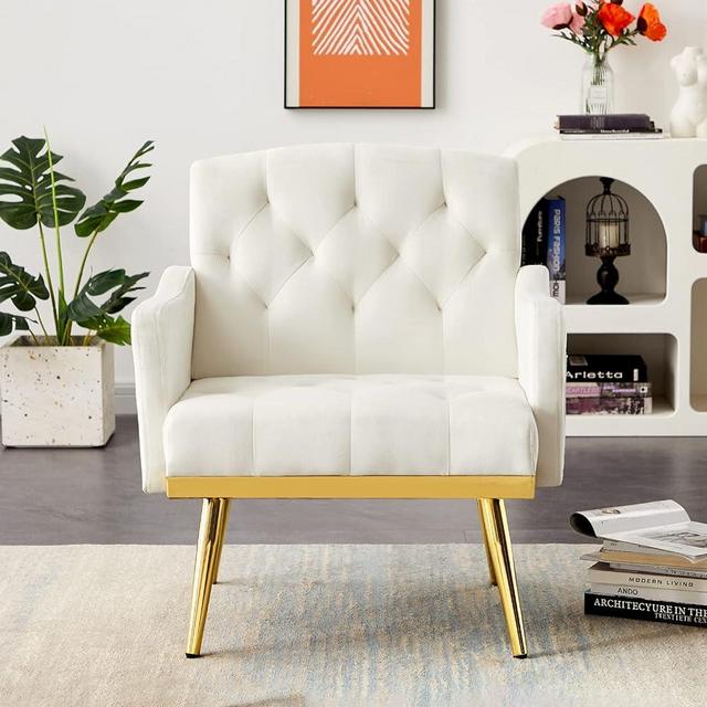 Antetek Upholstered Velvet Accent Chair, Modern Armchair Single Sofa Arm Chair with Golden Metal Legs, Tufted Lounge Reading Chair for Living Room, Bedroom, Office, Light Beige