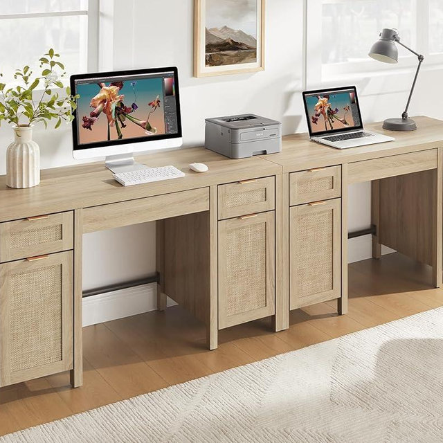 SICOTAS Rattan Executive Desk with Storage - Larger Home Office Desk with Drawers and Cabinets, Farmhouse Boho Computer Table Vanity Desk for Study, Office, Living Room, Light Oak (2 Pieces)