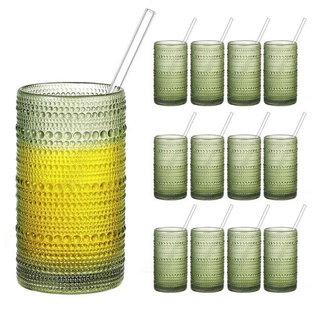 GDCCI 16oz Hobnail Drinking Glasses Set of 12, Vintage Large Capacity Embossed Green Tumblers, Highball Glasses for Water, Cocktail, Beer, Whiskey, Juice & Bar Use