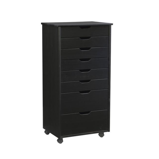 Linon Cary Transitional 8 Drawer Rolling Cart Black: Contoured Handle Cut Outs, Pine Frame