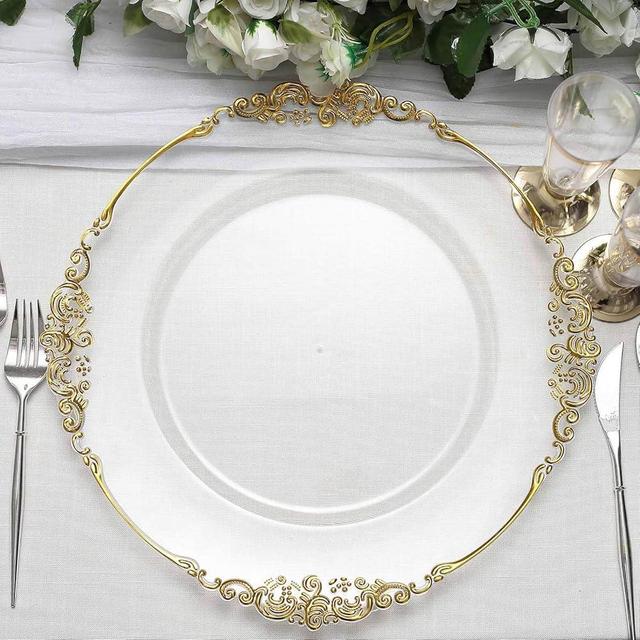 TCF Linen 13" Charger Plates -Set of 12 - Acrylic Clear Gold Round Baroque Disposable Chargers Leaf Embossed Rim, Ideal for Dinner Party Wedding Bulk Events