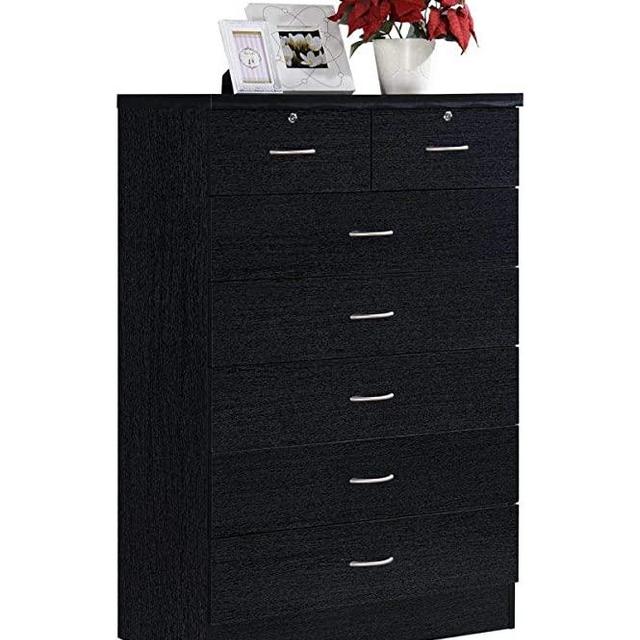 Hodedah 7 Drawer Chest, Five Large Drawers, Two Smaller Drawers with Two Locks, Black