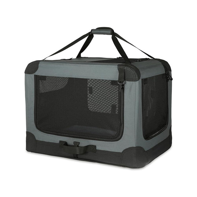 Amazon Basics 4-Doors Portable Soft-Sided Folding Travel Crate Kennel for cat, Dog, and Other Small Animals, Grey, M 30" x 21" x 21"