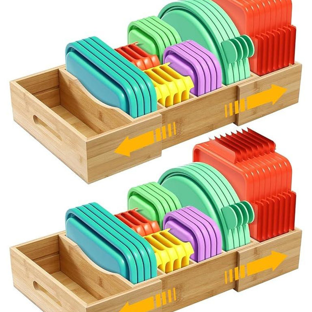 PJOETYONE 2 Pack Expandable Food Container Lid Organizers, Bamboo Lids Organizer Inside Cabinet with 3 Adjustable Dividers Groove Design, Food Storage Box Lid Holder for Kitchen Storage, Organization