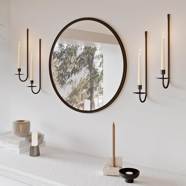 Metal Wall Candle Sconce Holder Set of 4 Wall Mount Candle Holder Pillar Holder Black Modern Wall Candle Sconces Hanging for Living Room Farmhouse Fireplace Wedding