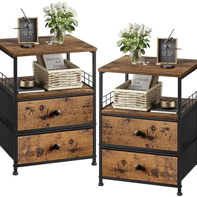 EnHomee Nightstand Set of 2, Bedside Table with Fabric Drawers and Open Wood Shelf Storage, Industrial Bed Side Table, Night Stand for Bedroom, Living Room, Dorm, Easy Assembly and Pull, Rustic Brown