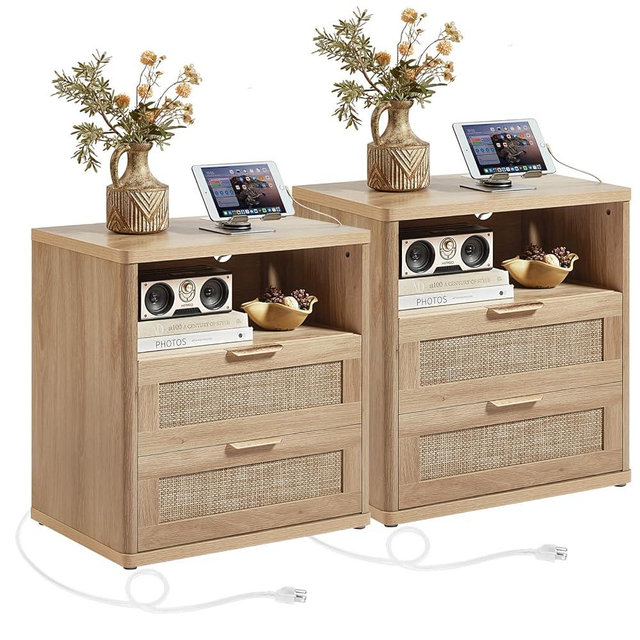 LEYAOYAO Rattan Nightstands Set of 2 with Charger Station, 23" Wide Boho Night Stand with 2 Drawers, Natural Wood Bedside Table Open Shlef, Bed Side End Table Dresser for Bedroom, Living Room Hallway