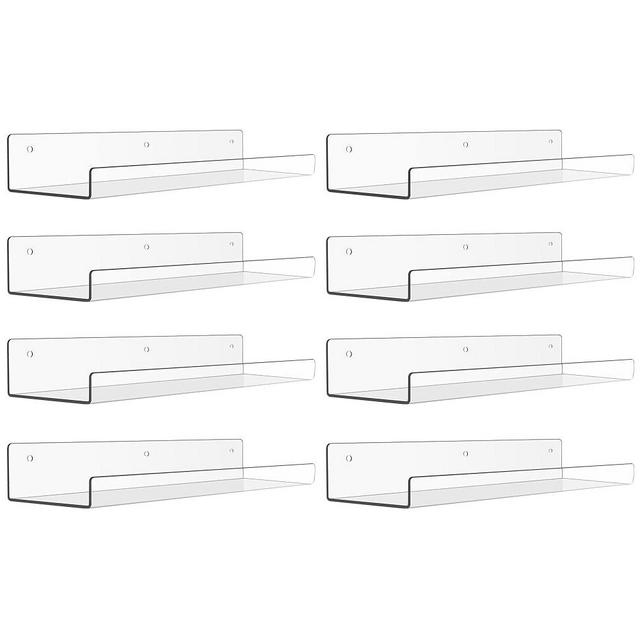 upsimples Clear Acrylic Shelves for Wall Storage, 15" Acrylic Floating Shelves Wall Mounted, Kids Bookshelf, Display Ledge Wall Shelves for Bedroom, Living Room, Bathroom, Kitchen, Set of 8