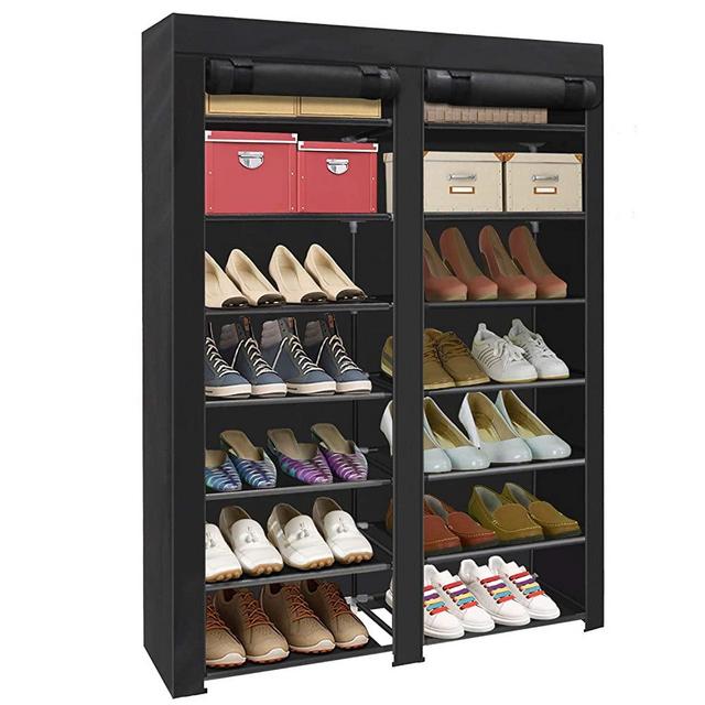 ERONE Shoe Rack Storage Organizer, 28 Pairs Portable Double Row with Nonwoven Fabric Cover Shoe Rack Cabinet for Closet (7+7-Tiers Black)