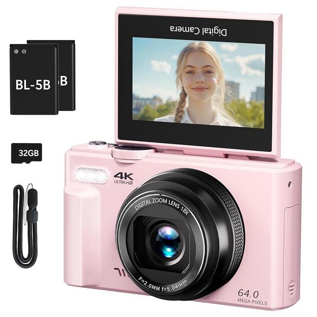 4K Digital Camera for Photography, 64MP Vlogging Camera for YouTube with 3" 180° Flip Screen, 18X Digital Zoom Point and Shoot Camara with 32GB Micro SD Card for Beginner (Pink)
