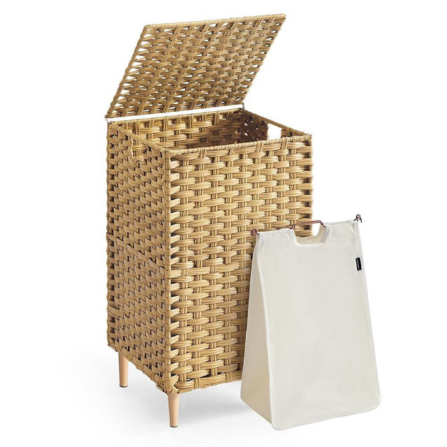 SONGMICS Laundry Hamper with Lid, 25 Gal. (95 L) PE Rattan Laundry Basket with Lid and Handles, Natural Material,Removable Machine Washable Liner, Goose Yellow ULCB221YE01