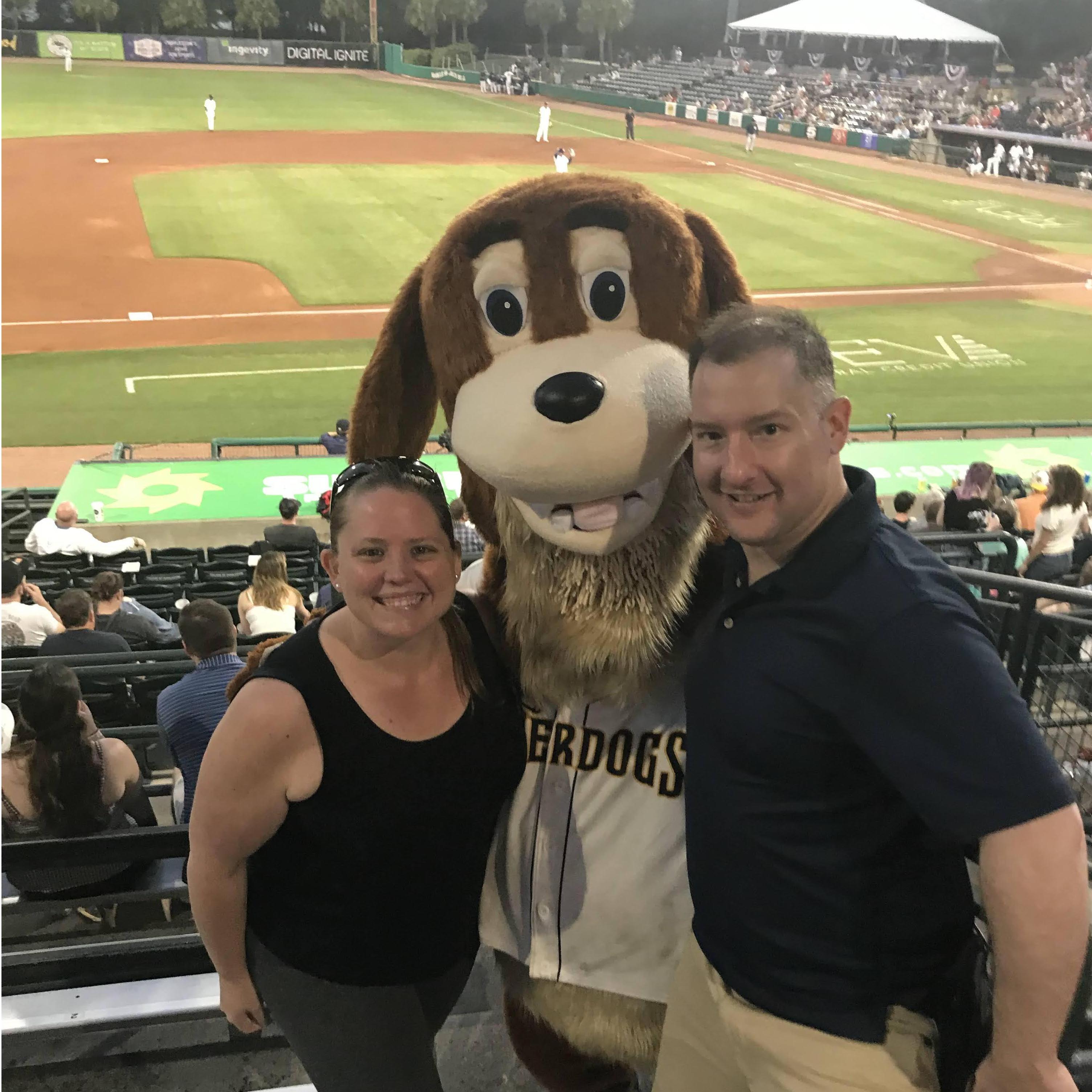 Surprise date night at the Charleston Riverdogs baseball game! (Sarah's afraid of giant mascots so this took some real effort!)