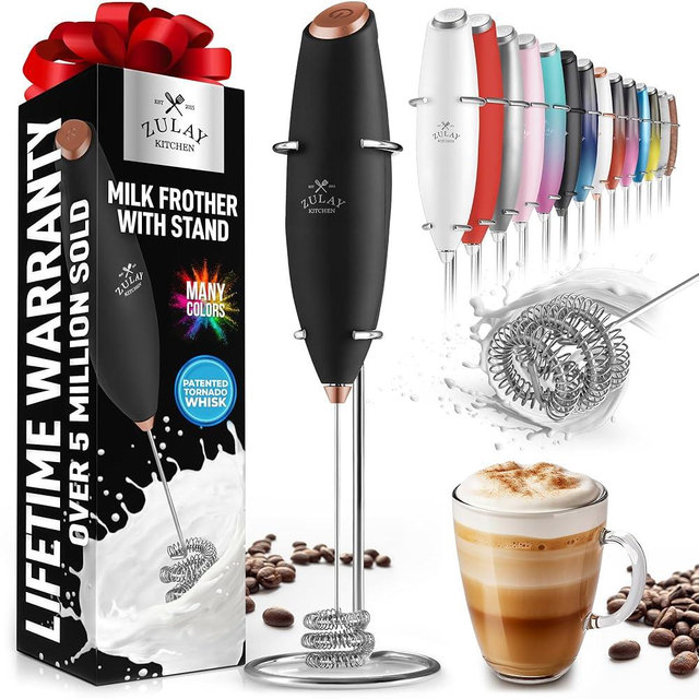 Zulay Kitchen Tornado Whisk Milk Frother Handheld - Coffee Frother Wand With Stand - Triple Whisk Hand Held Mixer - Electric Stirrer Frothing Wand for Latte, Matcha, Protein Powder - Black Copper