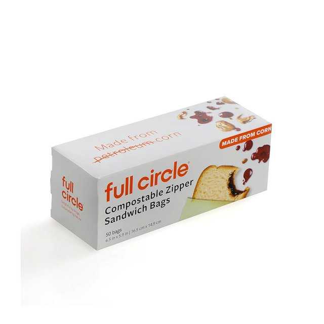Full Circle Compostable Bags – Sandwich Size, 50ct – Plant-Based, Leak-Resistant, Resealable Sandwich Bags