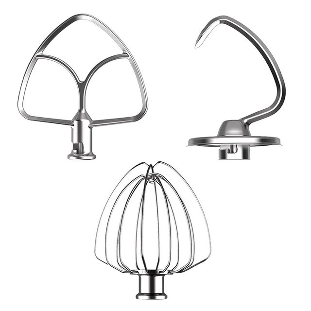 3 Pack Stainless Steel Mixer Attachments Set for KitchenAid 4.5-5 Quart Tilt-Head Stand Mixers, Replacement Parts Kit with K45DH Dough Hook, K45B Coated Flat Beater, K45WW Wire Whip, Dishwasher Safe