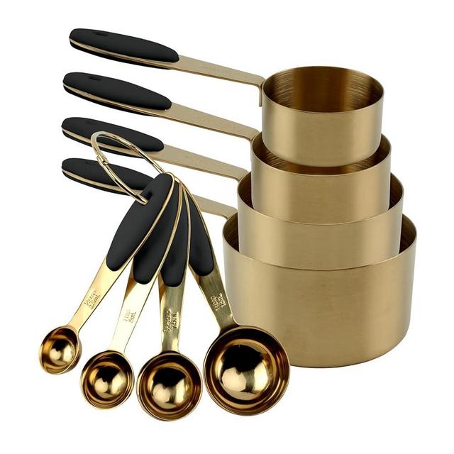 Cook with Color 8 Piece Gold Measuring Cups and Measuring Spoon Set Stainless Steel with Soft Touch Silicone Handles, Nesting Liquid or Dry Measuring Cups Set