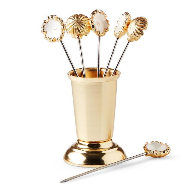 Flower Cocktail Picks, Set of 6, White and Gold
