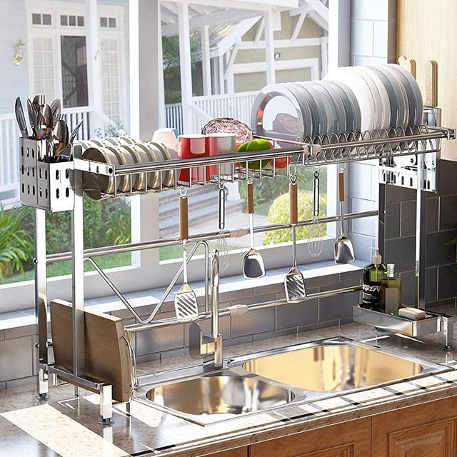 SAYZH Over The Sink Dish Drying Rack, Width Adjustable（ Fit Small and Large Sink Size from 22 inches to 36 inches ） Stainless Steel Kitchen Drainer Countertop Organizer, Silver