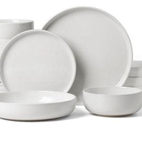 Famiware Milkyway Stoneware Dinnerware Sets with Pasta Bowls, Service for 4 (16 Pieces), Plates and Bowls Sets -Scratch Resistant, Microwave and Dishwasher Safe Dishes Set, White