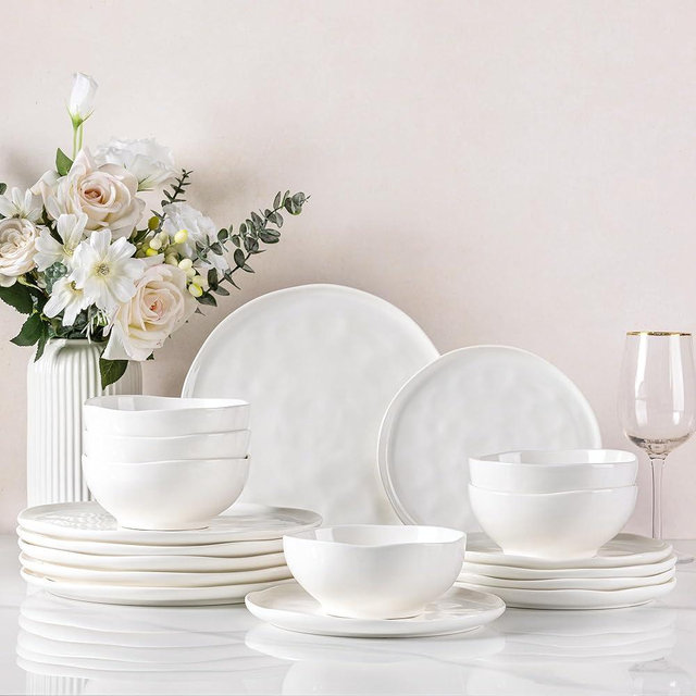 GBHOME Ceramic Dinnerware Sets for 6, 18 Pieces Porcelain Lightweight Plates and Bowls Sets, Scratch Resistant Dish Set, Oven & Microwave & Dishwasher Safe, Angel White