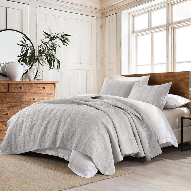HORIMOTE HOME 100% Cotton Quilt Set King Size, Light Grey Pre-Washed Bedspread Coverlet Set, Cozy Lightweight Stitching Decorative Bedding Cover with 2 Shams in Geometric Pattern for All Season