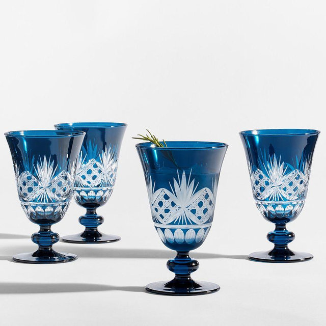 Antique Cut Glass Goblets, Set of 4 - Blue