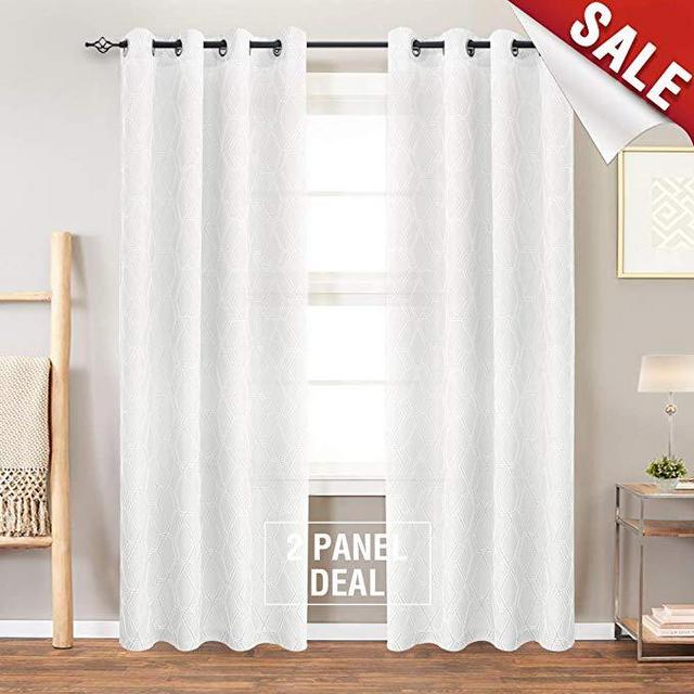 jinchan White Curtains for Living Room 84 inches Long Curtain Panels Jacquard Contemporary Lattice Light Reducing Grommet Top Window Treatment Set for Bedroom 2 Panels