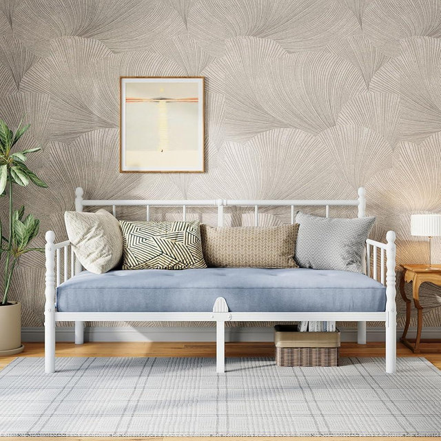 COMASACH White Minimalist Modern Twin Daybed - Heavy Duty Metal Platform Sofa Bed Frame with Headboard, No Box Spring Needed, Multi-Functional Day Bed Couch for Living Room, Guest Room, Small Space
