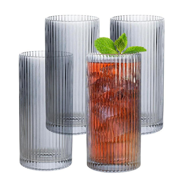 MyGift 12 oz Smoked Gray Fluted Highball Drinking Glasses, Ribbed Textured Glass 6 Inch Tall Tumblers for Cocktail Beverage, Iced Coffee or Tea, Water Drink Cup, Glassware Set of 4