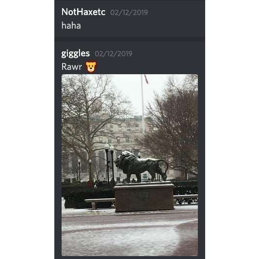 Our first DMs! :D Snow in NYC; pictured is the lion statue at Columbia. (Columbia Lions!!)