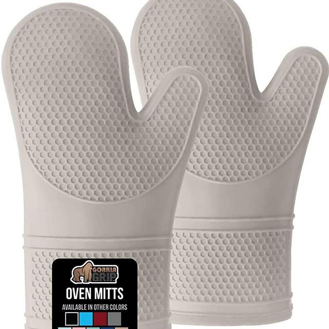 Gorilla Grip Premium Silicone Slip Resistant Oven Mitt Set, Soft Flexible Oven Gloves, Heat Resistant Kitchen Cooking Mitts, Protect Hands from Hot Surfaces, Cookie Sheets, Almond, Set of 2