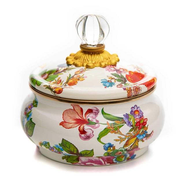 MACKENZIE-CHILDS White Flower Market Enamel Squashed Pot, 20-Ounce Canister, Cute Enamelware with Lid