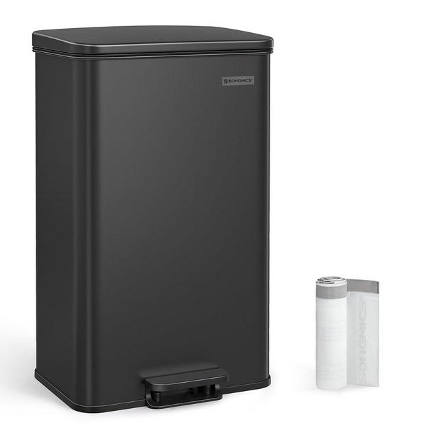 SONGMICS Kitchen Trash Can, 10.5 Gallon (40 L) Garbage Can, Large Step Trash Bin with Lid, Stainless Steel, Soft Close, 15 Trash Bags Included, Black ULTB540B40
