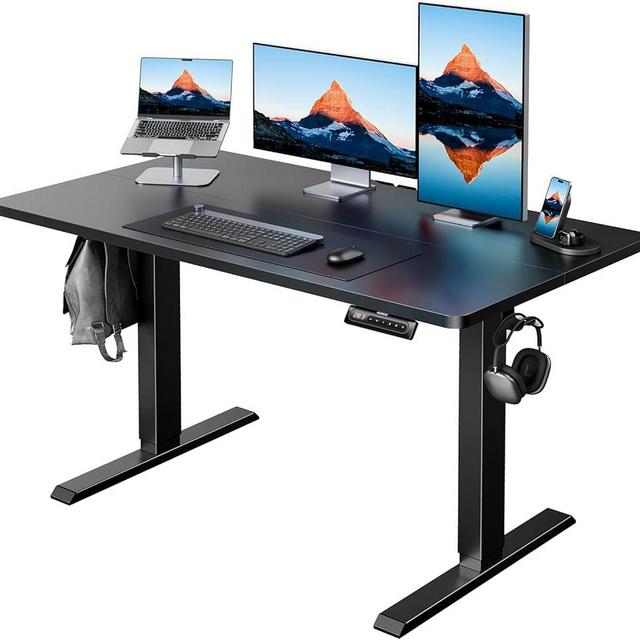 HUANUO 48" x 24" Electric Standing Desk Adjustable Height, 4 Memory Height Settings, Headphone Hook, Cable Manager, Sit Stand Up Desk for Home Office & Computer Workstation, Black