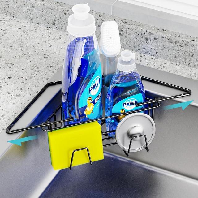 NiHome Extendable Arm Stainless Steel Kitchen Sink Corner Caddy, Easy Install Space-Saving Adjustable Sponge Holder, Non-Slip Rust-Resistant for Brushes, Soap, Sponges (Black)