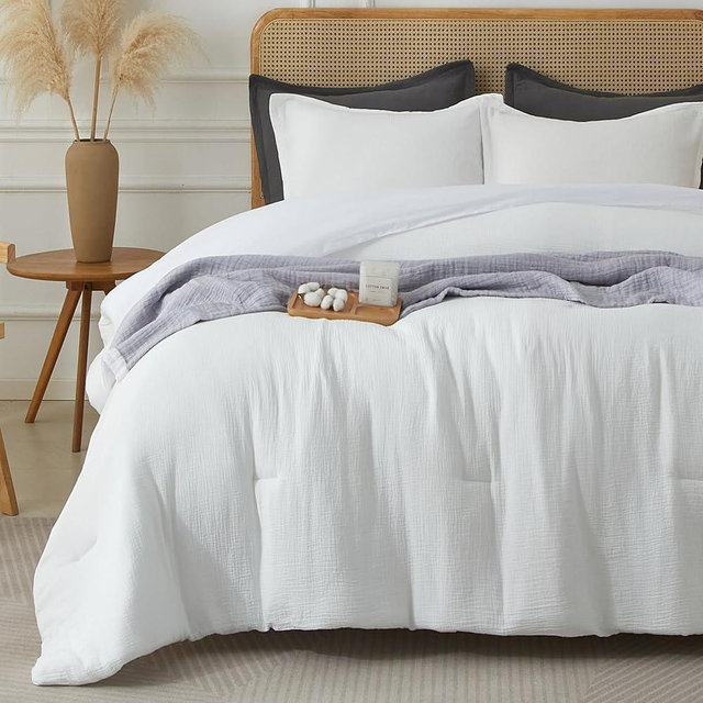 Bailix 100% Cotton Muslin Comforter Set Queen Size, Breathable & Linen Like & Suitable for All-Season Use,3 Pieces(1 Comforter 90"x90", 2 Pillow Shams 20"x26"), White