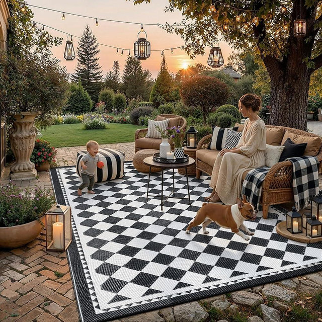 HUGEAR Outdoor Waterproof Rug 9'x12' Plastic Straw Rugs Washable Reversible Floor Mat Black/White Plaid Carpet for Camping RV Deck Entryance Porch Picnic Balcony Beach Backyard