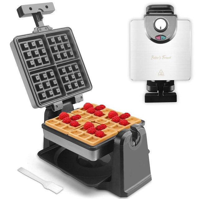 Baker's Friend Mini Waffle Maker Flip, Belgian Waffle Maker Thick, Rotating Waffle Maker with Browning Control, Waflera Electrica, Waffle Irons Non Stick Surface, With Recipe & Brush, Stainless Steel