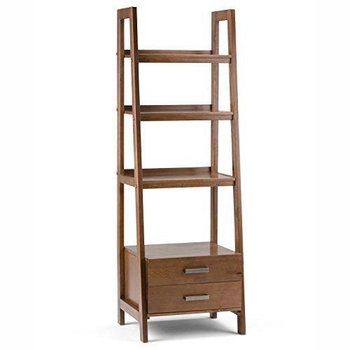 Simpli Home 3AXCSAW-06 Sawhorse Solid Wood 72 inch x 24 inch Modern Industrial Ladder Shelf with Storage in Medium Saddle Brown