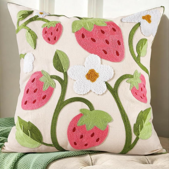 Kokaaee Embroidered Throw Pillow Cover 18x18 Inch - Spring Summer Boho Decorative Pillow Cover with Zipper for Living Room Couch Sofa Bed Aesthetic Design Branch Strawberry Cushion Pillowcase