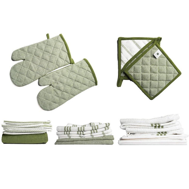 Salt Earth Kitchen Towels and Dishcloths Sets, 20 Pc Kitchen Essentials for New Home, Heat Resistant Oven Mitts & Pot Holders, Absorbent Flour Sack Dish Towels, Apron- Green