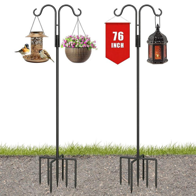 joyhalo Double Shepherds Hooks for Outdoor, 2 Pack 76 Inch Heavy Duty Poles with 5 Prong Base, for Hanging Bird Feeders & Nests, Flower Baskets, Lanterns
