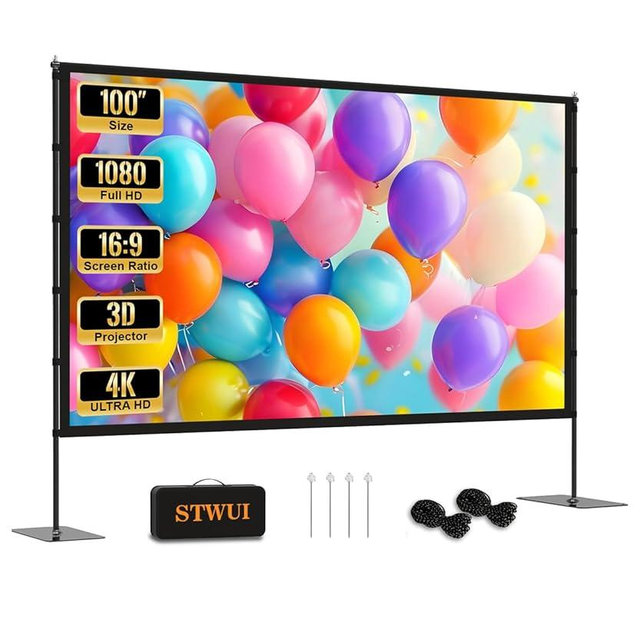 STWUI Projector Screen with Stand - 100 Inch Outdoor Projector Screen Portable Projector Screens 16:9 4K HD Outdoor Movie Screen with Carry Bag Can Enioy Home Theater Projection Screen