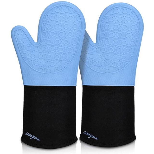 Extra Long Silicone Oven Mitts, sungwoo Durable Heat Resistant Oven Gloves with Quilted Liner Non-Slip Textured Grip Perfect for BBQ, Baking, Cooking and Grilling - 1 Pair 14.6 Inch Sky Blue
