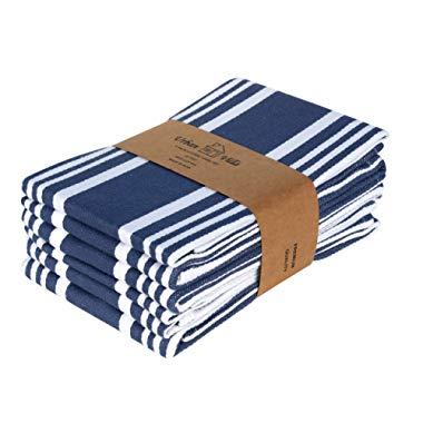 Urban Villa Kitchen Towels,Trendy Stripes, 100% Cotton Dish Towels,Mitered Corners, (Size: 20X30 Inch), Indigo Blue/White Highly Absorbent Bar Towels & Tea Towels - (Set of 6)