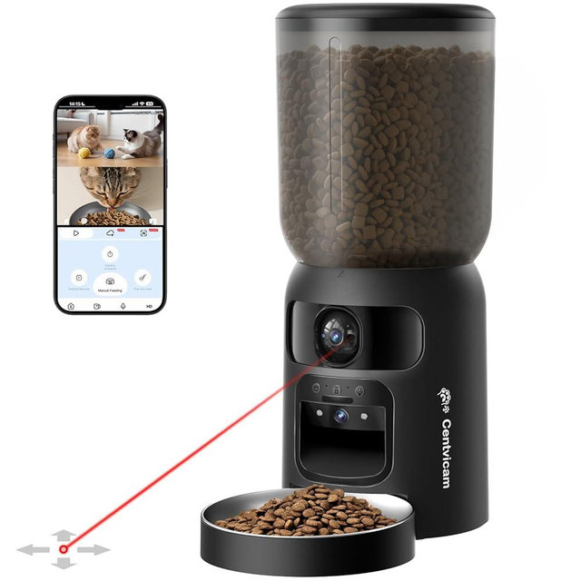 Centvicam Automatic Cat Feeder with Dual 2K HD Camera, Smart Pet Food Dispenser for Timed Meals, APP Control Laser Interactive Toy Treat Feeders with 2.4G / 5G WiFi, Black