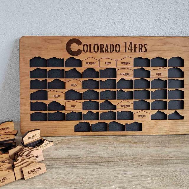 Colorado 14ers Peak Bagging Tracker Sign | 14,000 Ft 58 Mountain Hiking Board | Wood Summit Puzzle Map