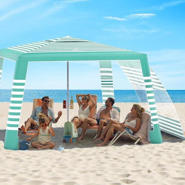 Rhino Valley Beach Cabana, 8 * 8FT Beach Tent UPF50+ Protection, Easy Setup Beach Canopy Wind Resistant with Cup Holder, Compact Beach Shade Foldable Beach Tent Sun Shelter, Green White
