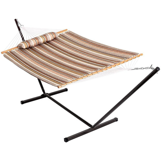 Lazy Daze Quilted Fabric Hammock with 12-Foot Stand, Double 2-Person Hammock with Pillow for Outdoor Outside Patio, Garden, Backyard, 450LB Capacity, Olive Green/Taupe Stripes